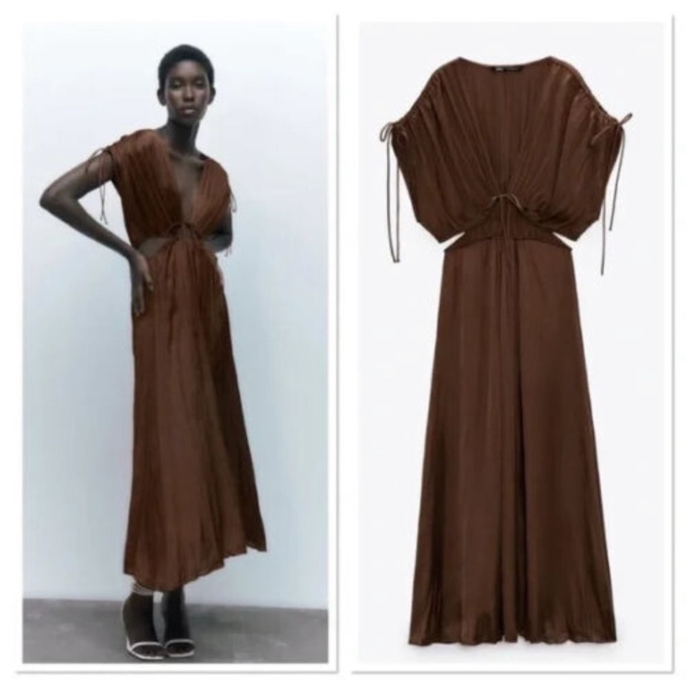 Zara V-Neck Wrinkle-Look Satin Effect Cut Out Dress In Brown Womens SIze M
